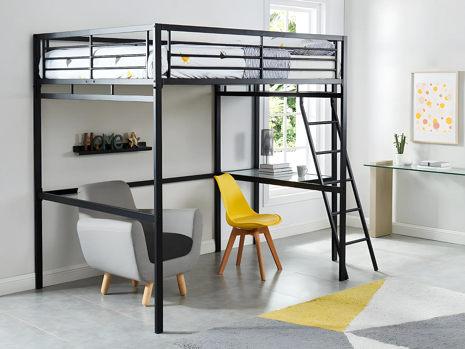 Lit mezzanine CASUAL II - 140 x 190 cm - plateforme bureau - Anthracite + matelas