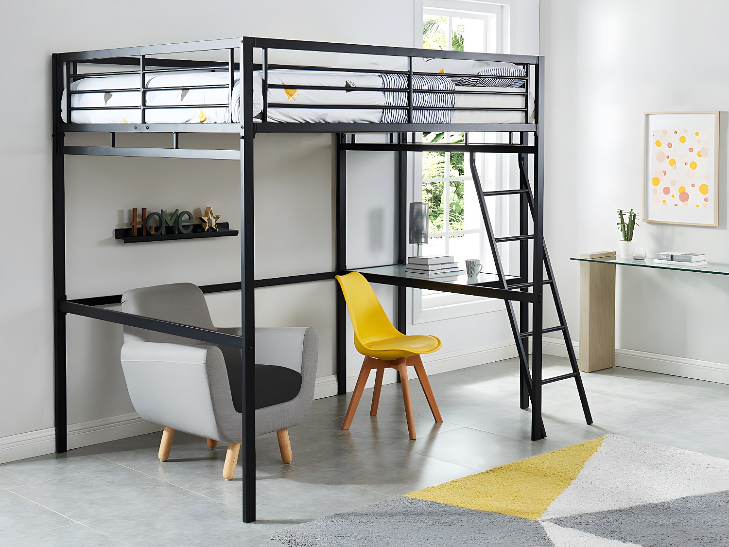 Set: Hochbett mit Schreibtisch + Matratze - 140 x 190 cm - Anthrazit - CASU günstig online kaufen