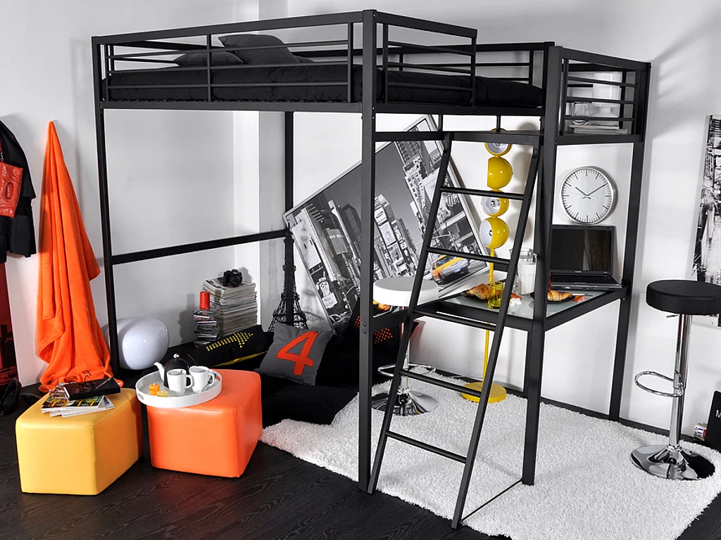 Cama alta CASUAL 140x190 cm - Plataforma para escritorio + color antracita + colchón