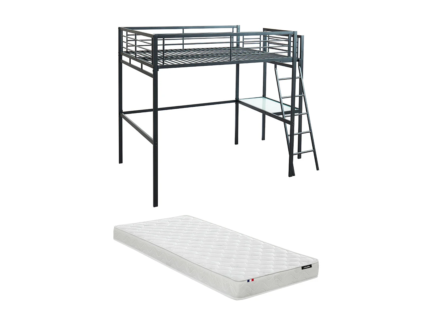 Lit mezzanine CASUAL II - 140 x 190 cm - plateforme bureau - Anthracite + matelas