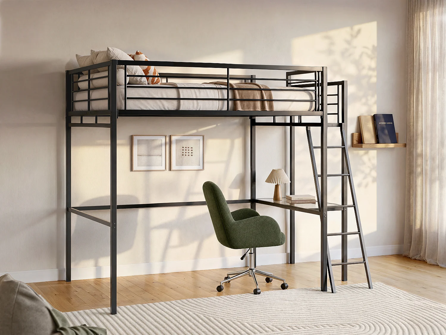Lit mezzanine CASUAL II - 140 x 190 cm - plateforme bureau - Anthracite + matelas