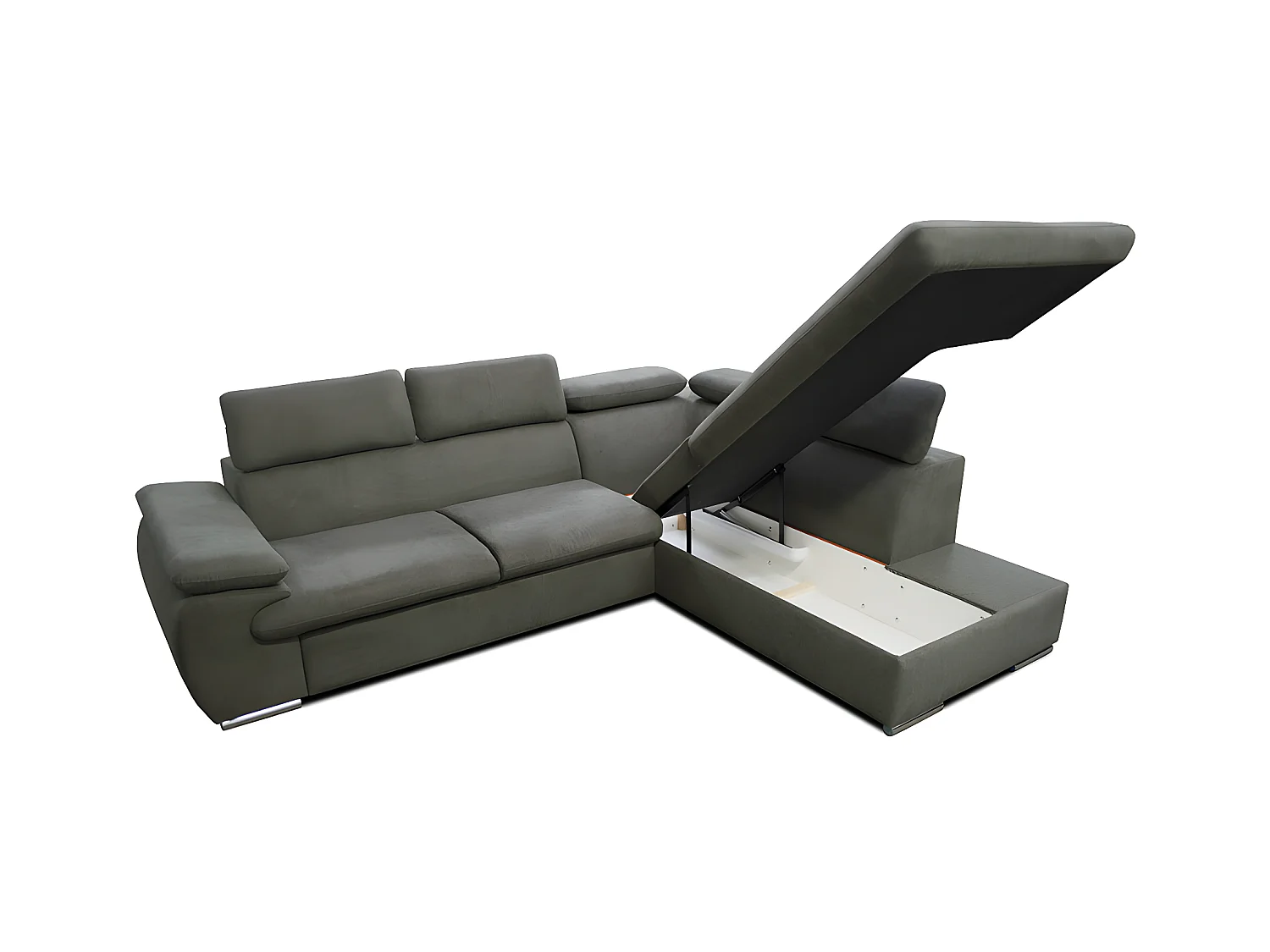 Canapé d'angle droit convertible en tissu taupe avec coffre de rangement FABIEN