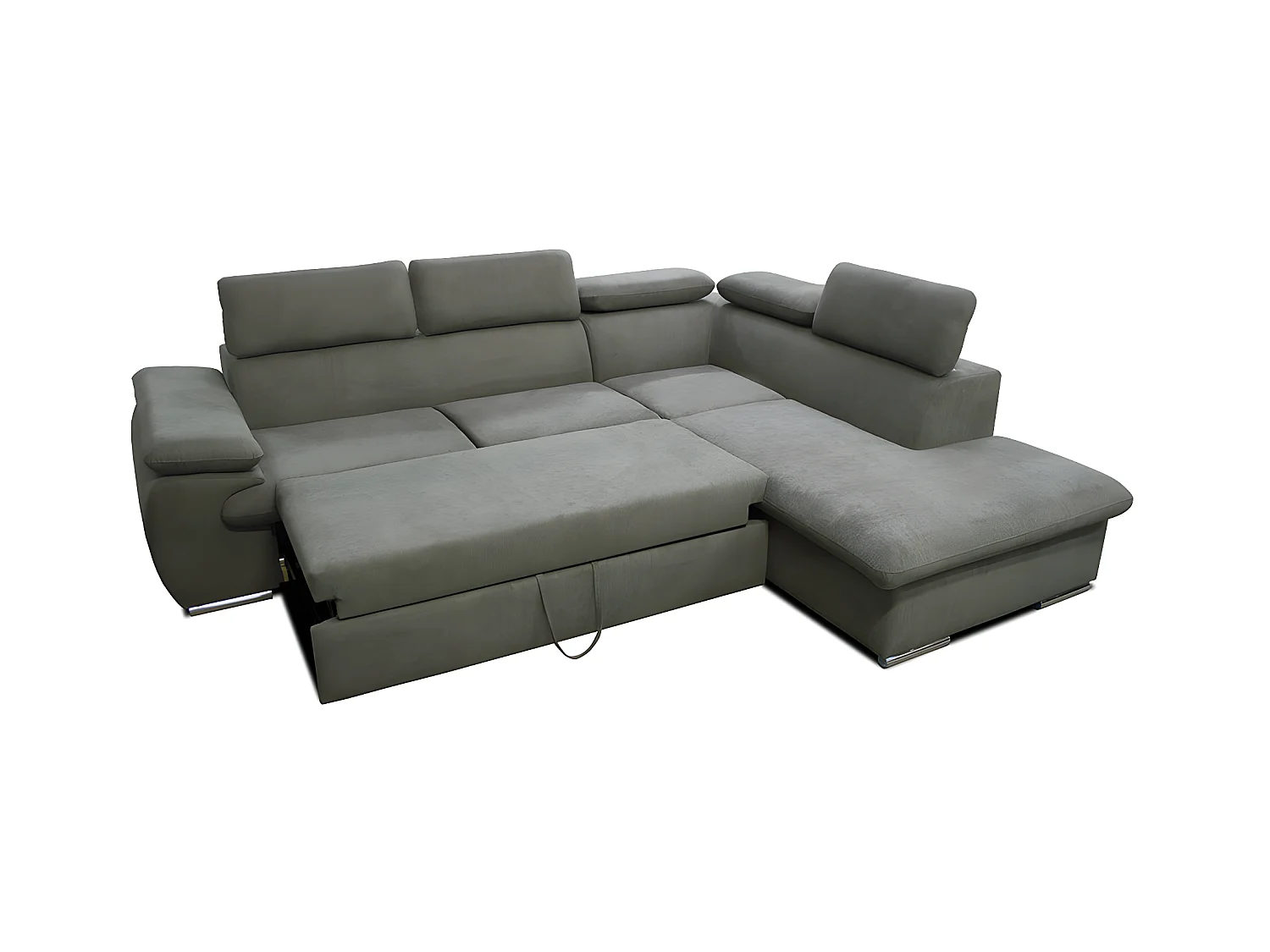 Canapé d'angle droit convertible en tissu taupe avec coffre de rangement FABIEN