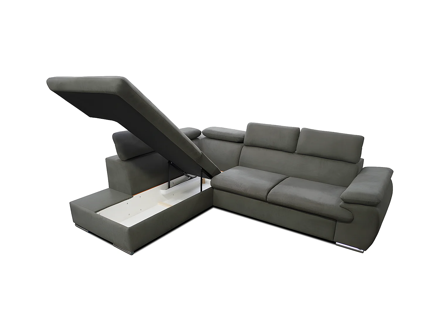 Canapé d'angle gauche convertible en tissu taupe avec coffre de rangement FABIEN