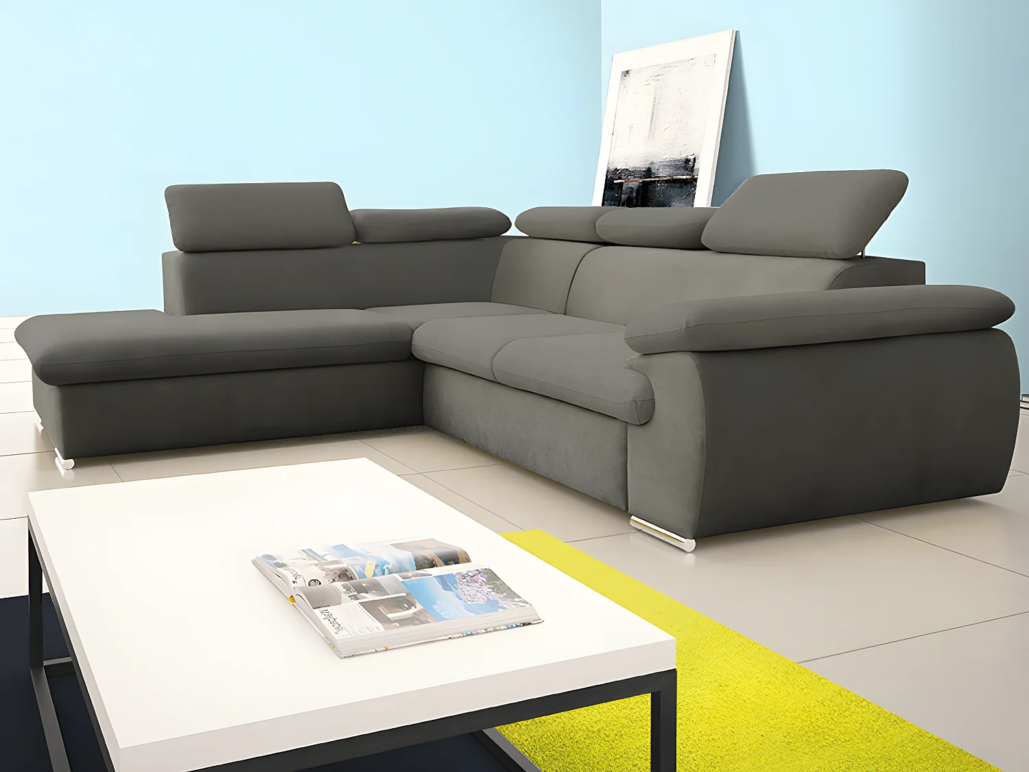 Canapé d'angle gauche convertible en tissu taupe avec coffre de rangement FABIEN