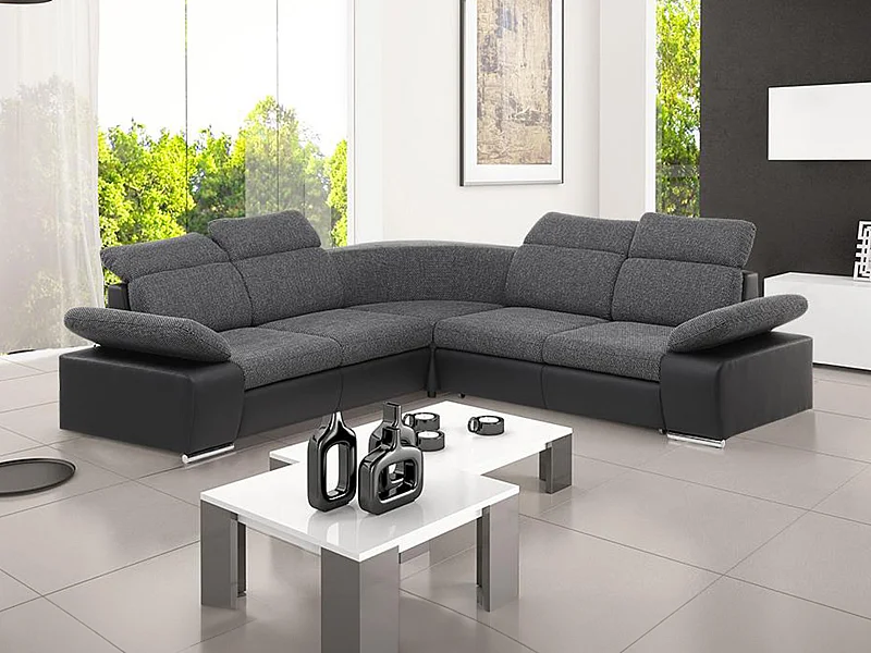 Divano letto angolare in tessuto e similpelle Bicolore antracite e nero - RABELAIS