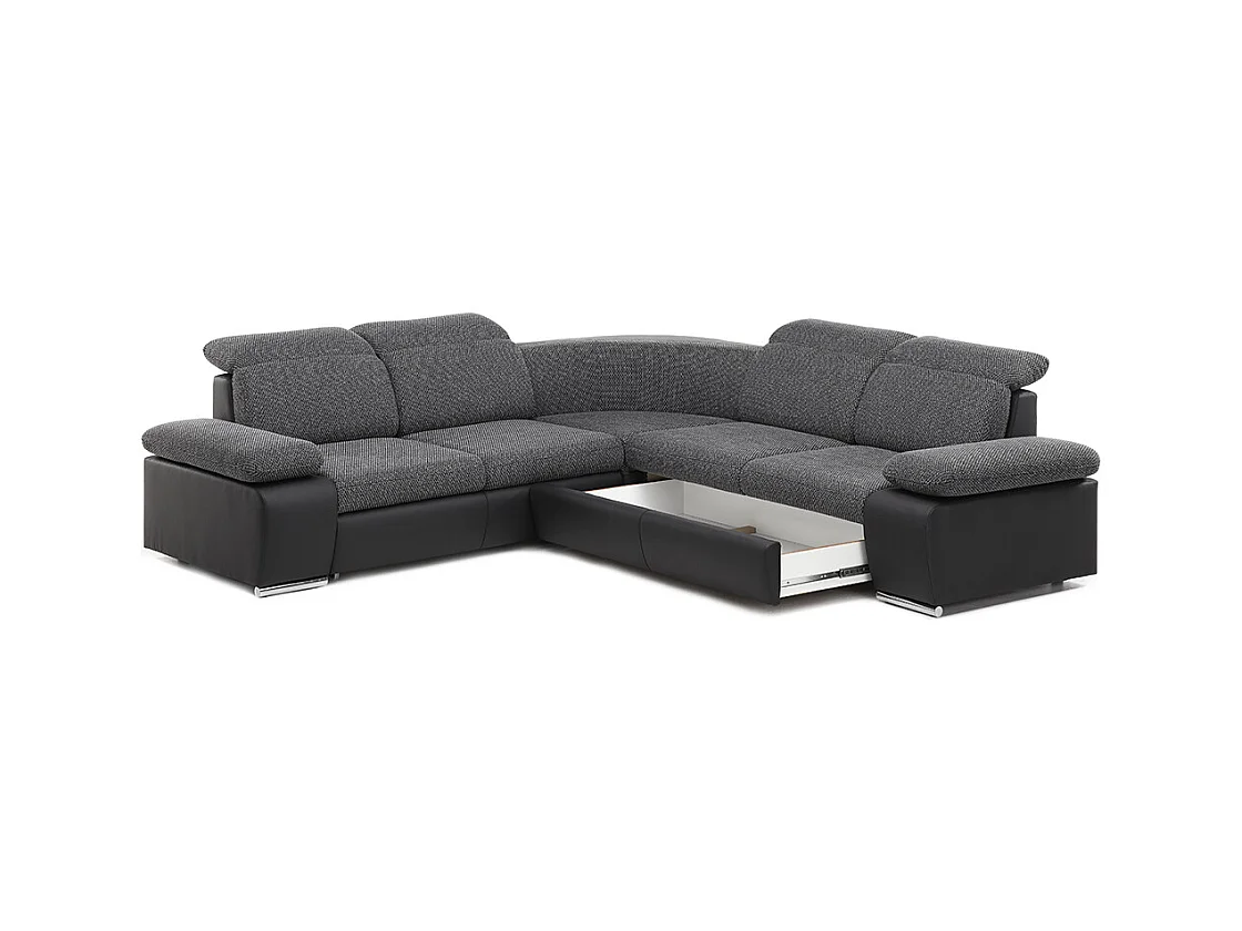 Sofá cama rinconera simétrico de tela y piel sintética RABELAIS - Bicolor gris antracita y negro