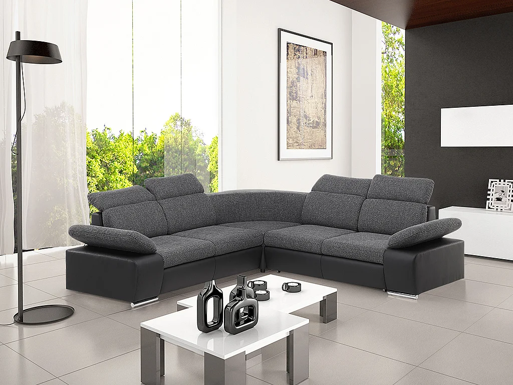 Sofá cama rinconera simétrico de tela y piel sintética RABELAIS - Bicolor gris antracita y negro