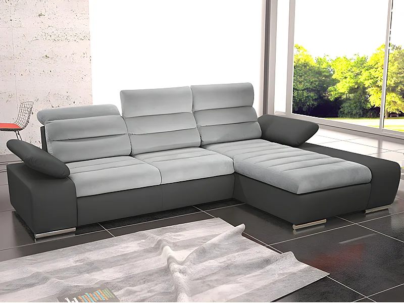 Canapé d'angle convertible en tissu et simili MIRABEAU - Bicolore gris/anthracite - Angle droit