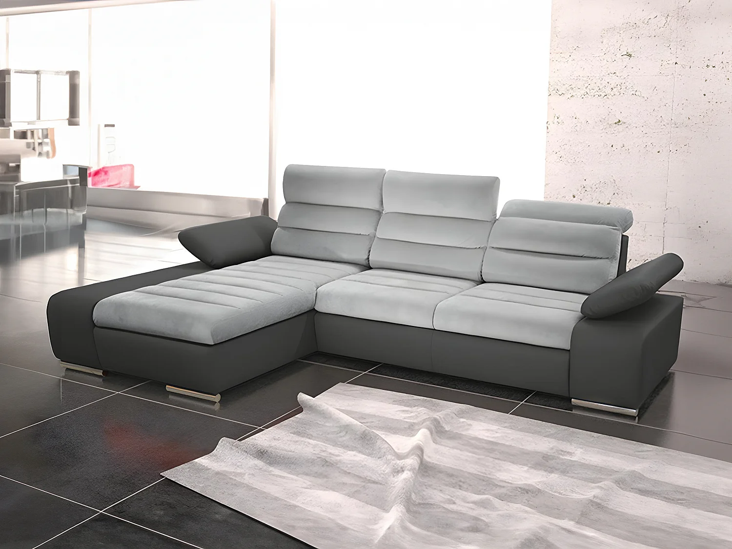 Canapé d'angle convertible en tissu et simili MIRABEAU - Bicolore gris/anthracite - Angle gauche