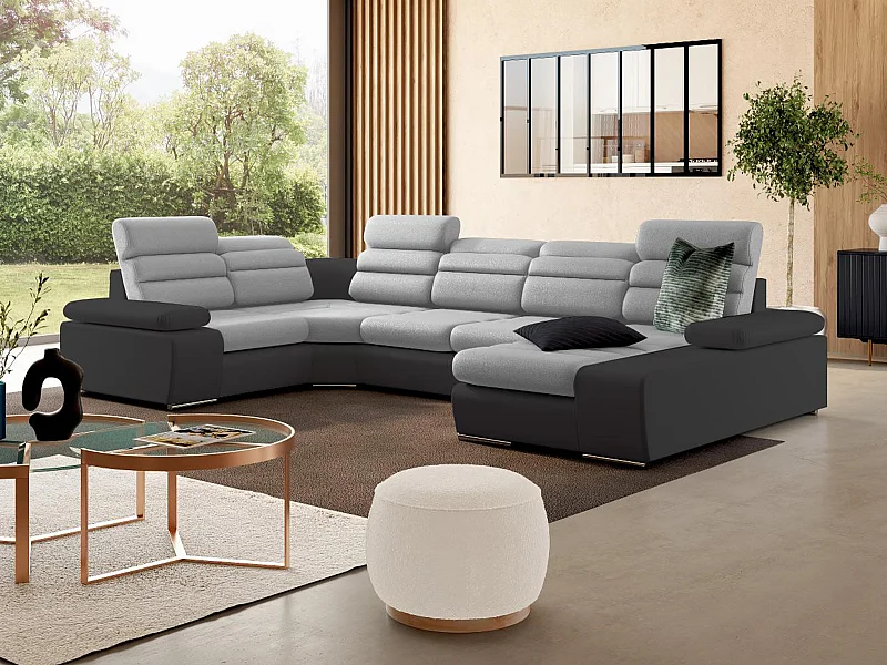 Canapé d'angle panoramique convertible en tissu et simili BOILEAU - Bicolore gris/anthracite - Angle droit