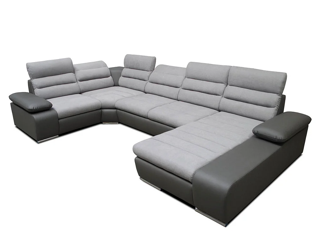 Hjørnesofa panoramisk sovesofa i stof og kunstlæder BOILEAU - Tofarvet grå/antracit - Højrevendt