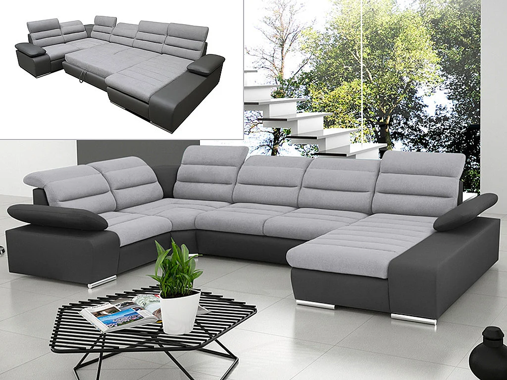 Divano letto angolare panoramico in tessuto e similpelle Bicolore grigio e antracite - Angolo a destra - BOILEAU