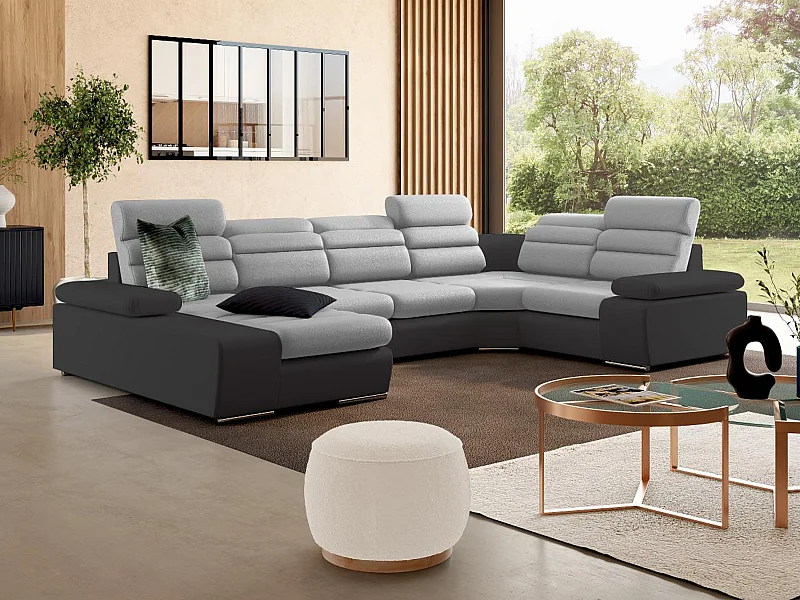 Canapé d'angle panoramique convertible en tissu et simili BOILEAU - Bicolore gris/anthracite - Angle gauche