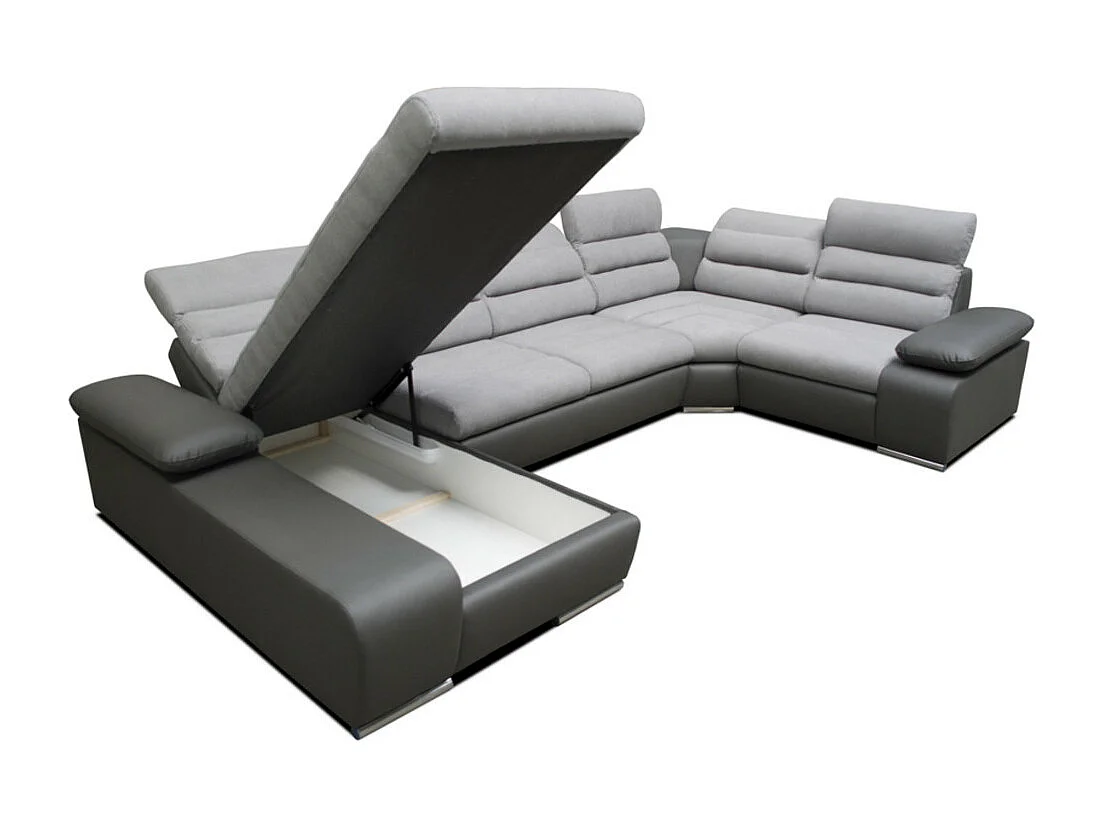 Sofá de canto panorâmico modular em tecido e pele sintética Bicolor cinzento claro e cinzento escuro - Canto esquerdo - BOILEAU