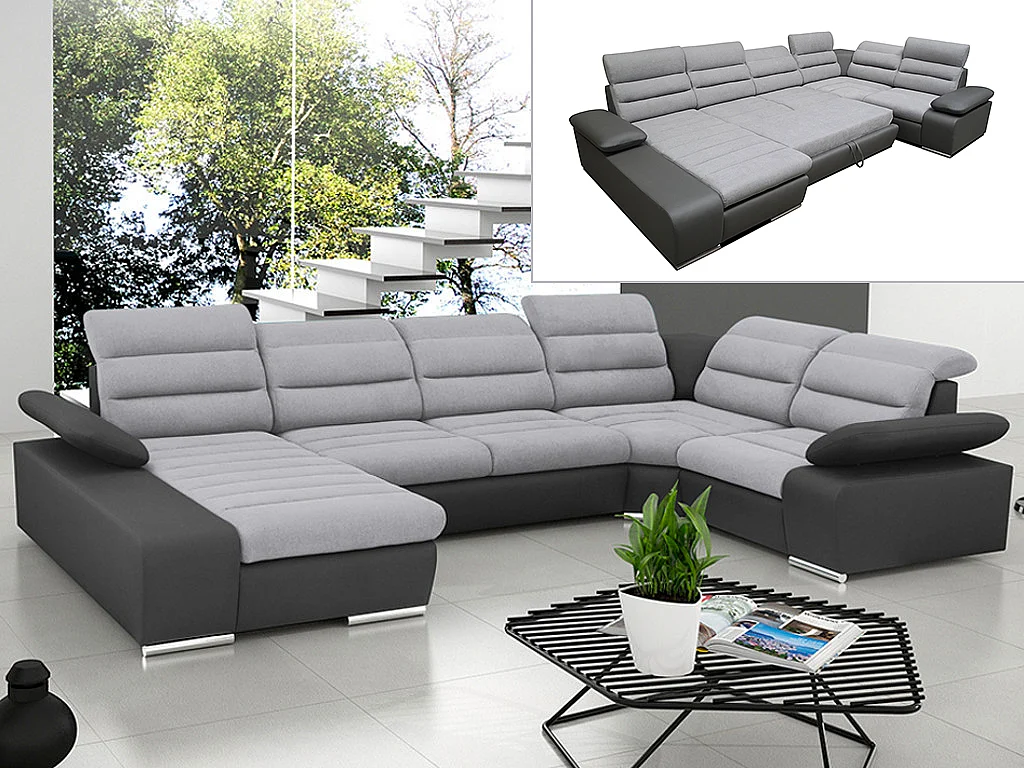 Divano letto angolare panoramico in tessuto e similpelle Bicolore grigio e antracite - Angolo a sinistra - BOILEAU