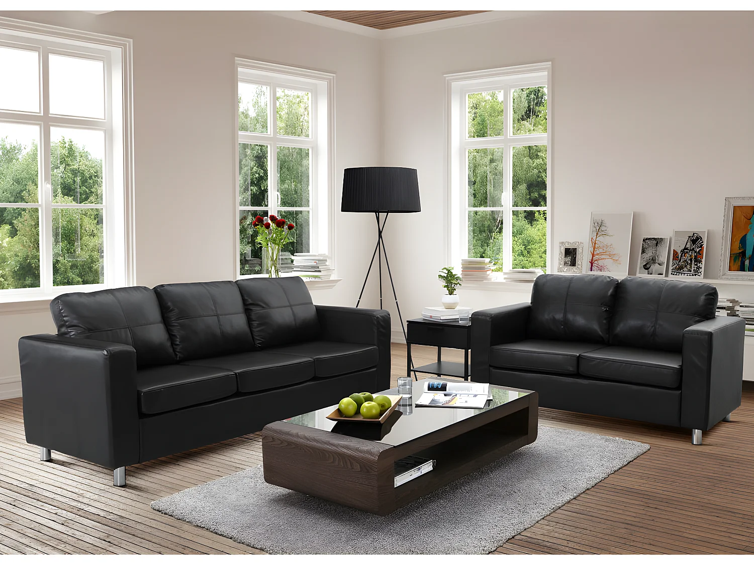 Divano 3+2 posti in similpelle Nero - ACKLEY