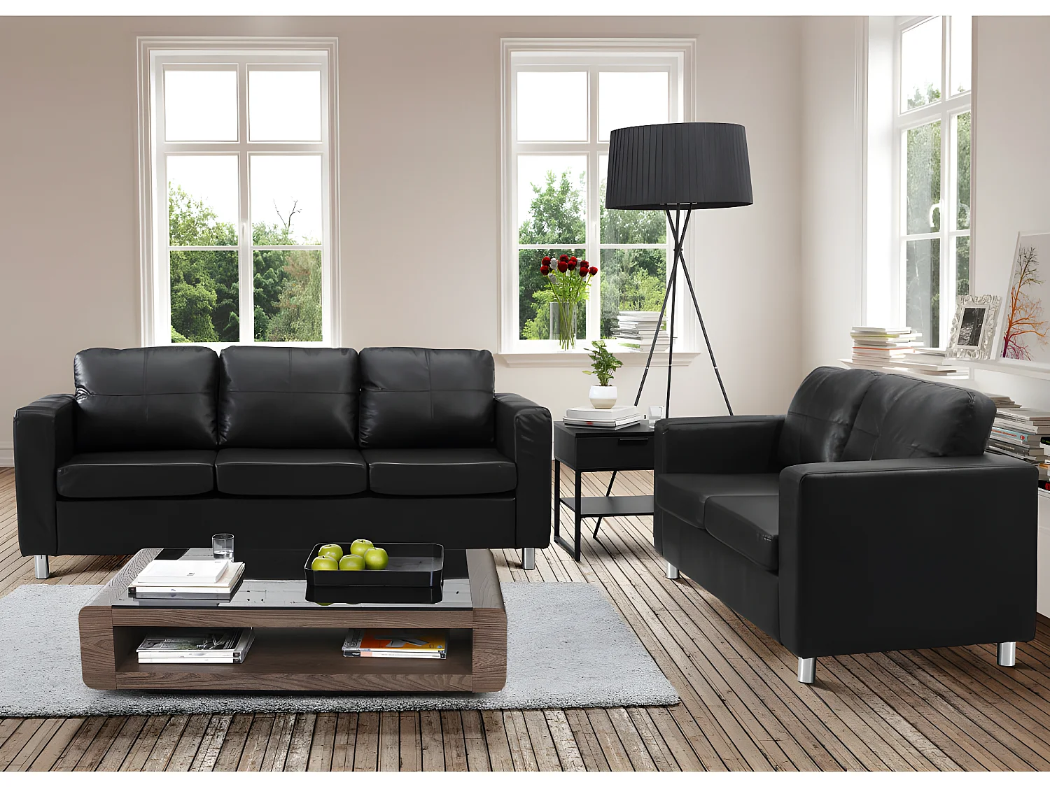 Couchgarnitur 3+2 - Kunstleder - Schwarz - ACKLEY