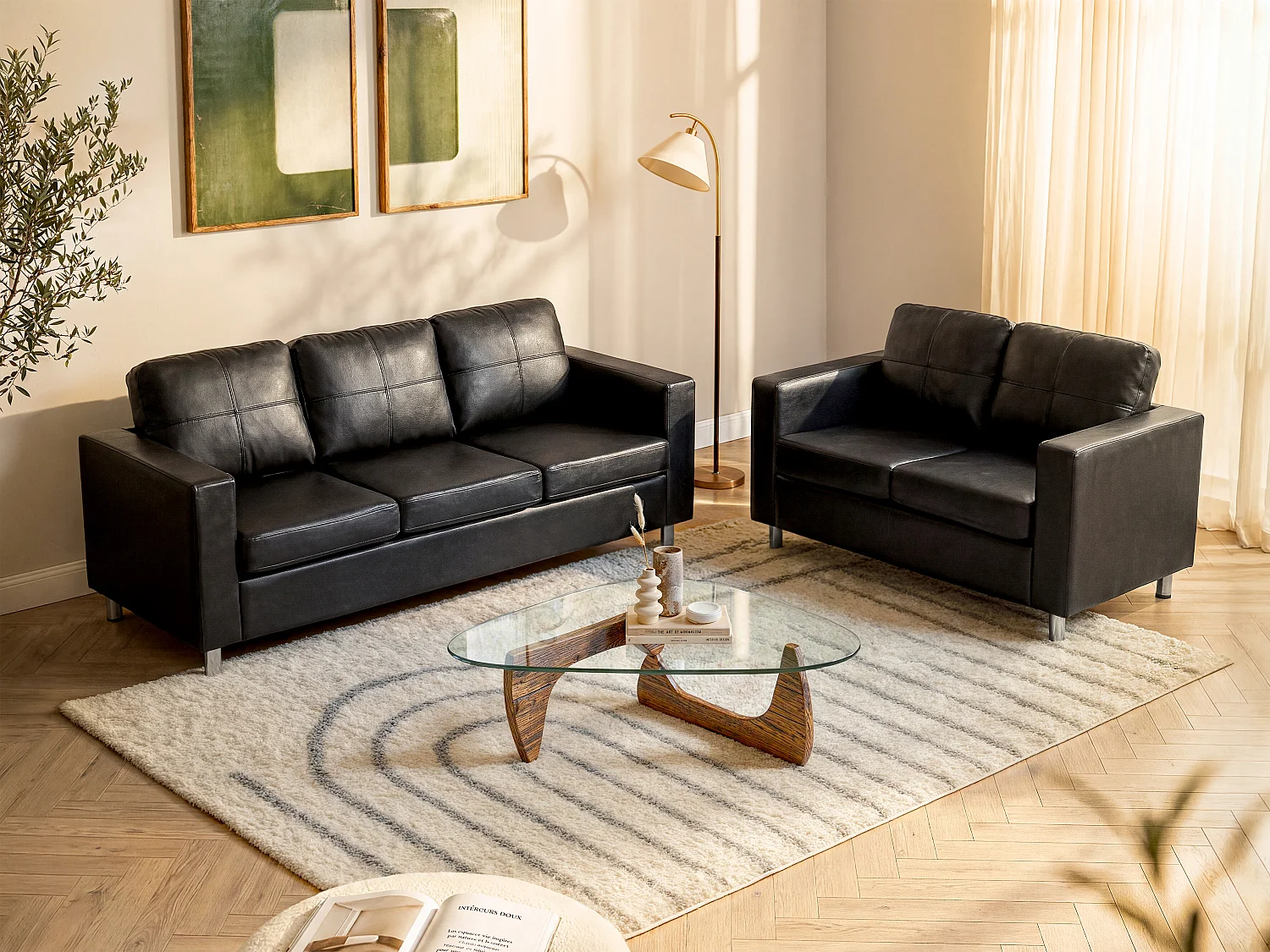 Couchgarnitur 3+2 - Kunstleder - Schwarz - ACKLEY