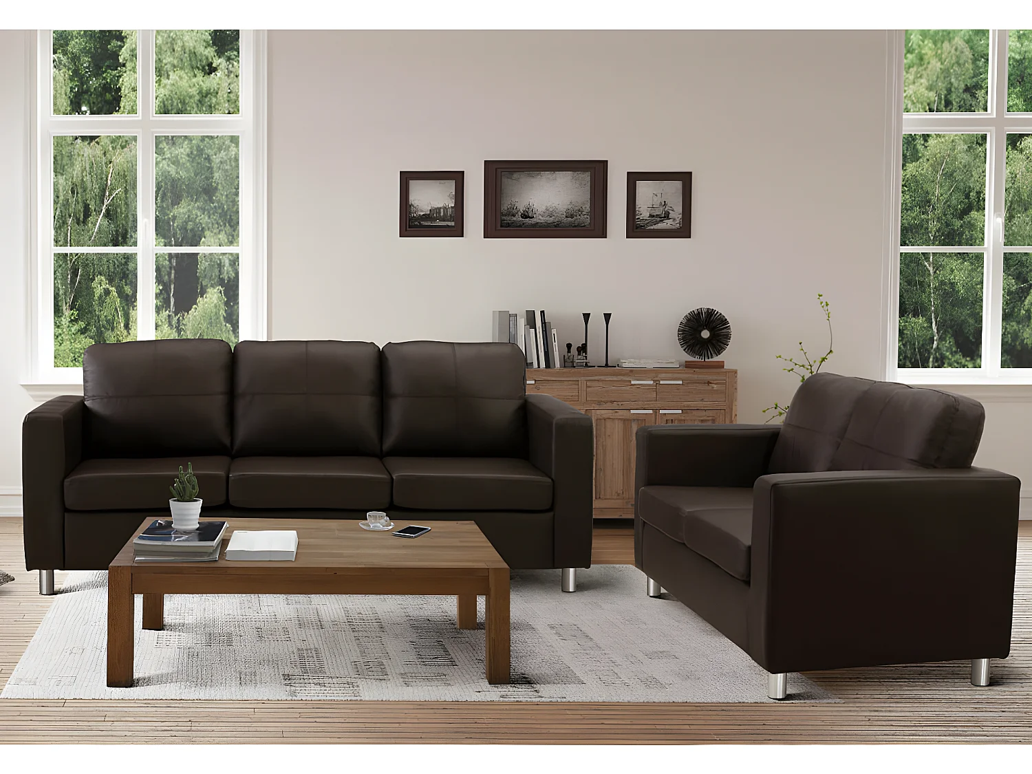 Sofá 3+2 plazas de piel sintética ACKLEY - Marrón