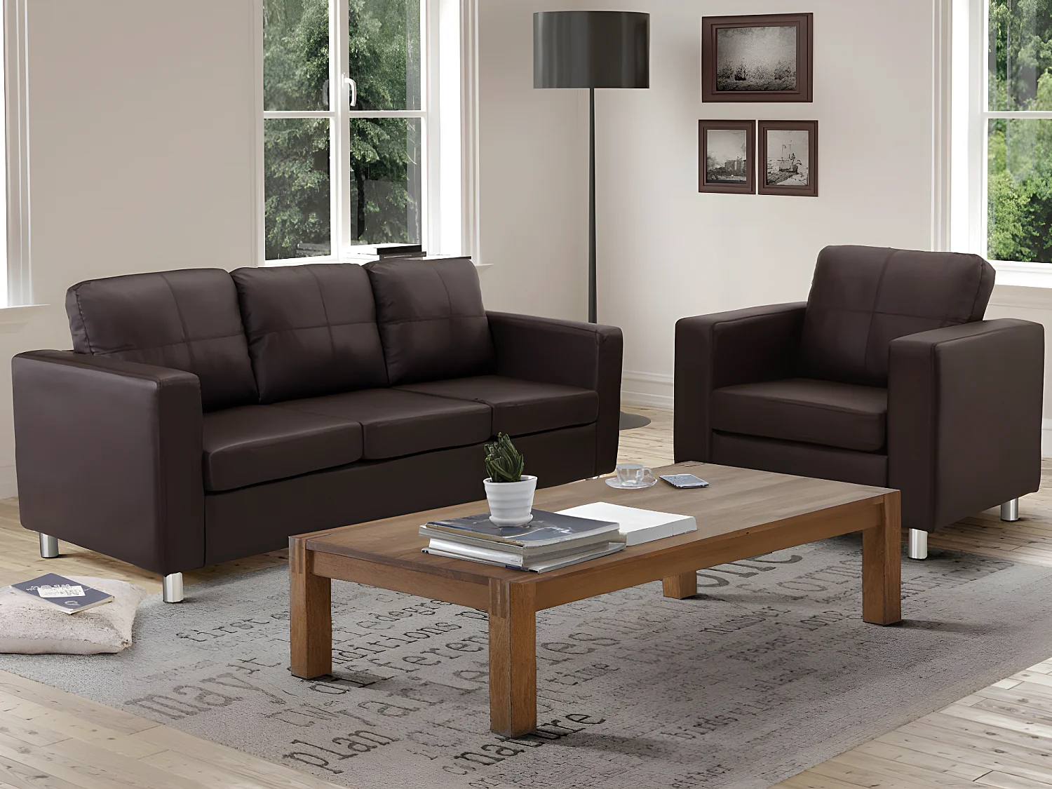 Canapé 3 places et un fauteuil en simili ACKLEY - Marron