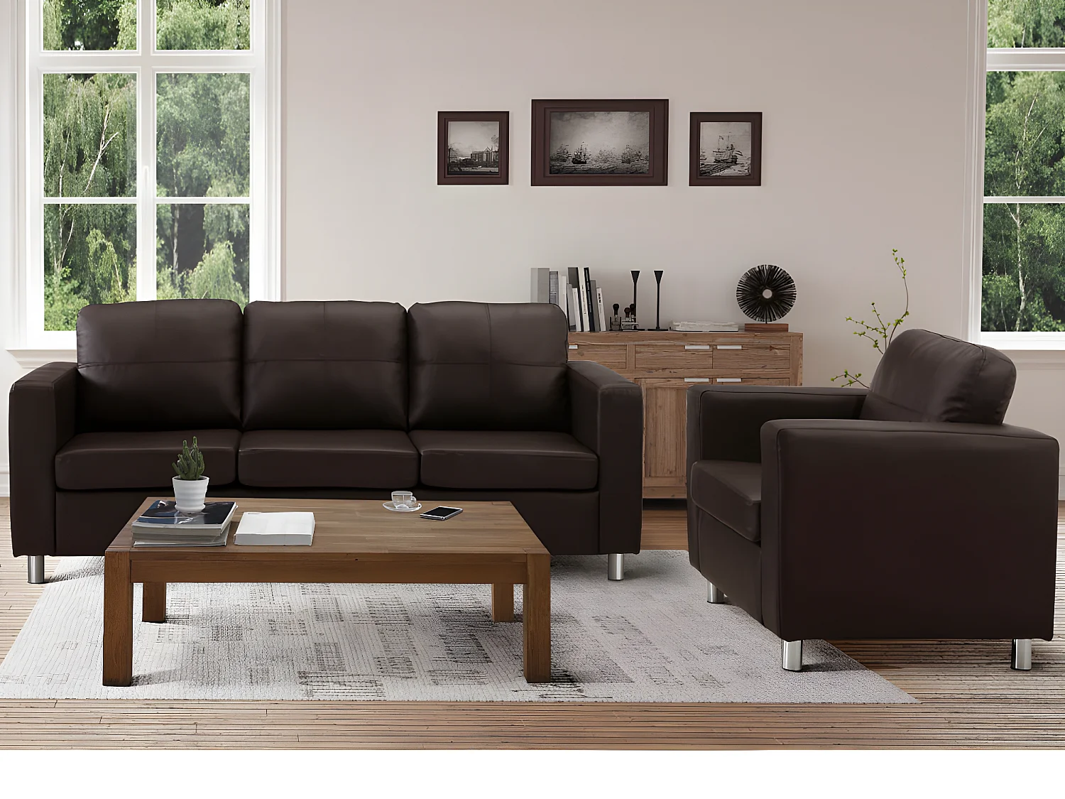 Canapé 3 places et un fauteuil en simili ACKLEY - Marron