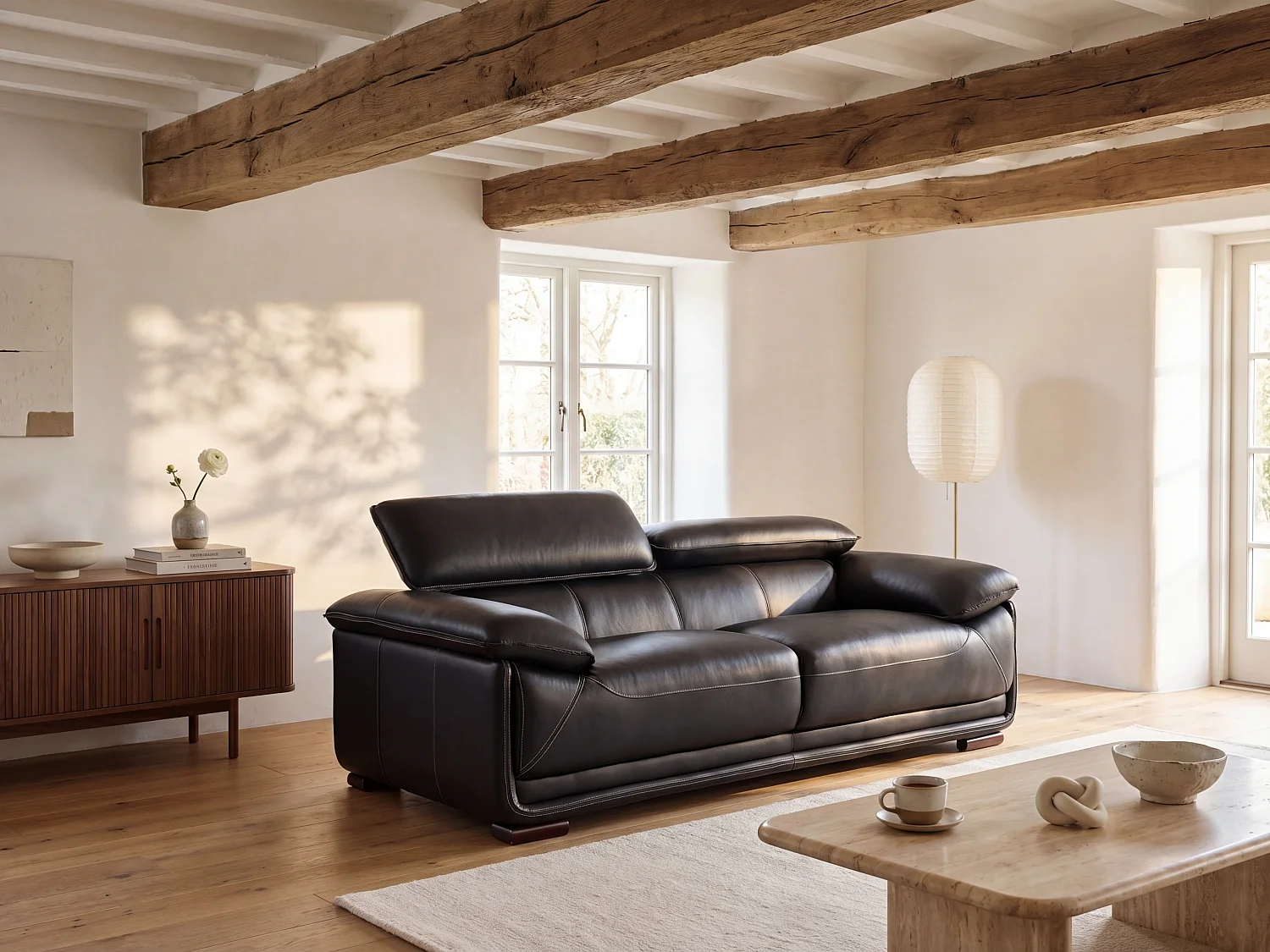 Ledersofa 3-Sitzer - Schwarz - MACELO