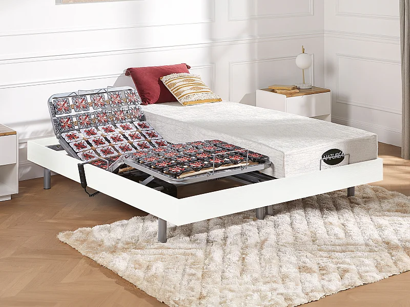 Lit électrique de relaxation tout plots + matelas mémoire de forme et bambou - 2 x 90 x 200 cm - Blanc - LYSIS III de NATUREA