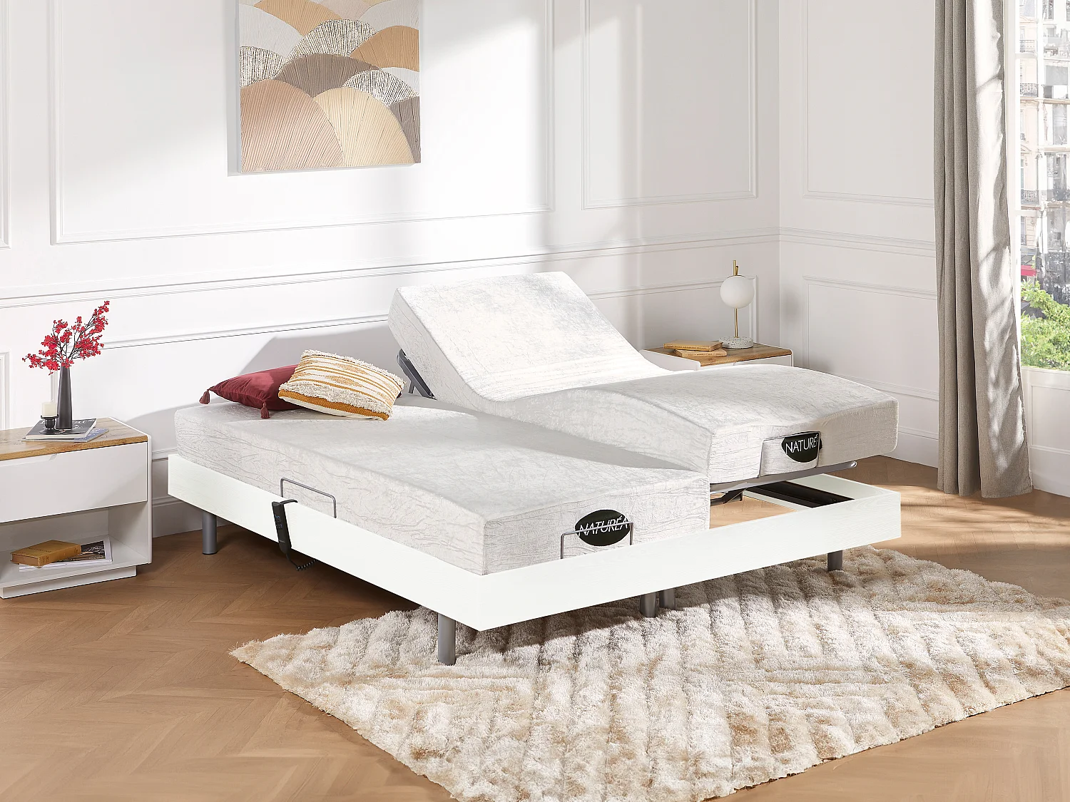 Lit électrique de relaxation tout plots + matelas mémoire de forme et bambou - 2 x 90 x 200 cm - Blanc - LYSIS III de NATUREA