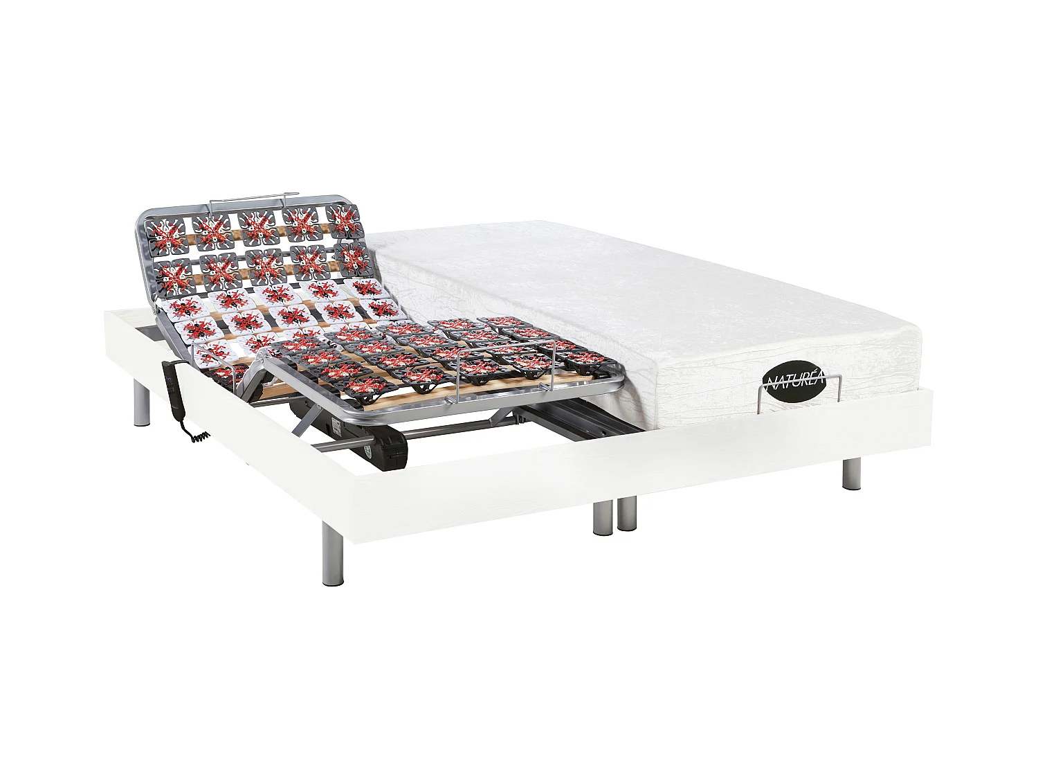Lit électrique de relaxation tout plots + matelas mémoire de forme et bambou - 2 x 90 x 200 cm - Blanc - LYSIS III de NATUREA
