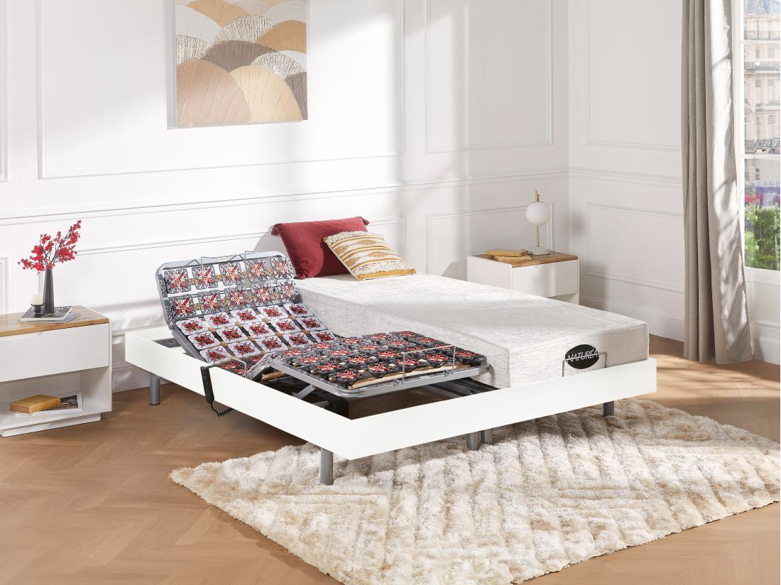 vente unique Lit électrique de relaxation tout plots + matelas mémoire de forme et bambou - 2 x 90 x 200 cm - Blanc - LYSIS III de NATUREA