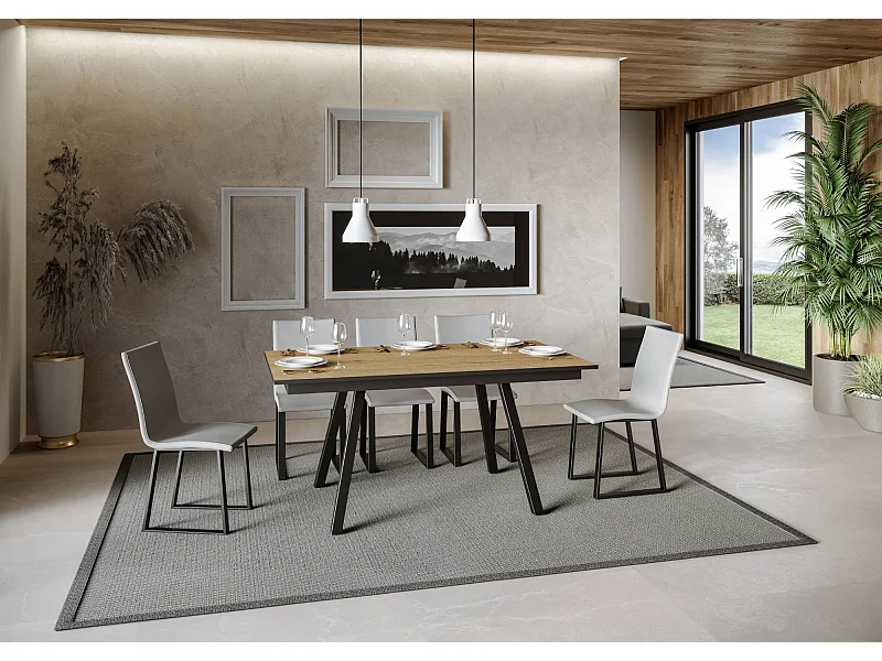 Ausziehtisch 90x160/220 cm Mirhi Eiche Natur mit Eisenrahmen aus Anthrazit