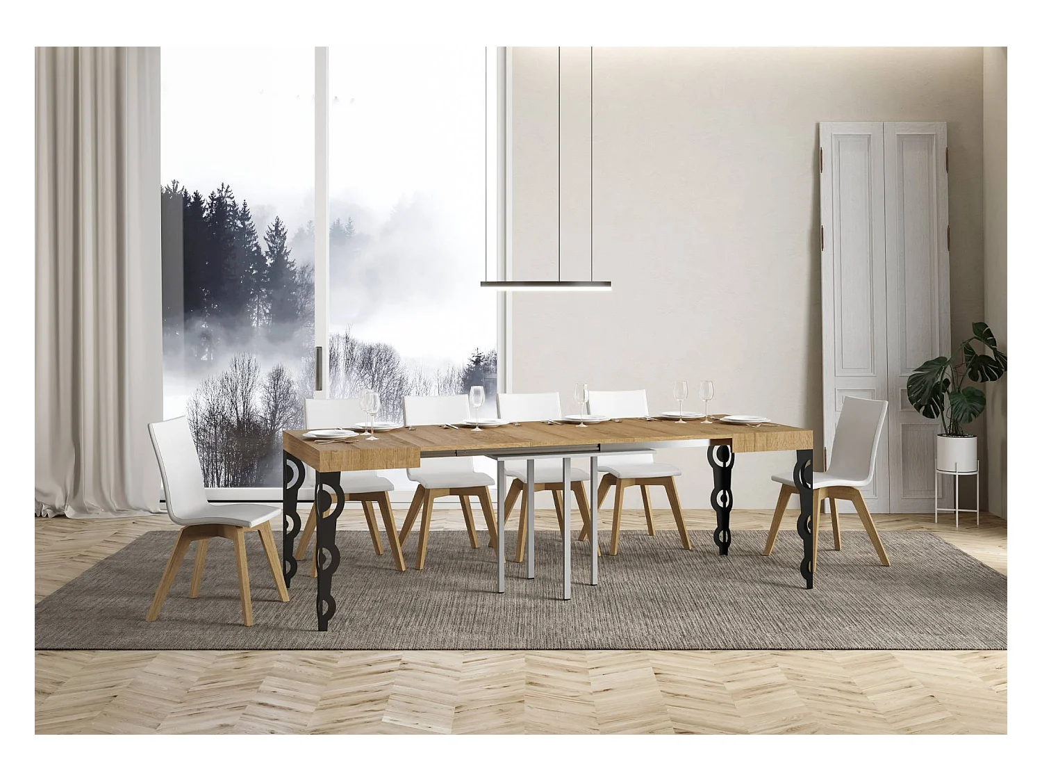 Mesa de jantar extensível 90x90/246 cm Karamay Carvalho Natural quadro Antracite