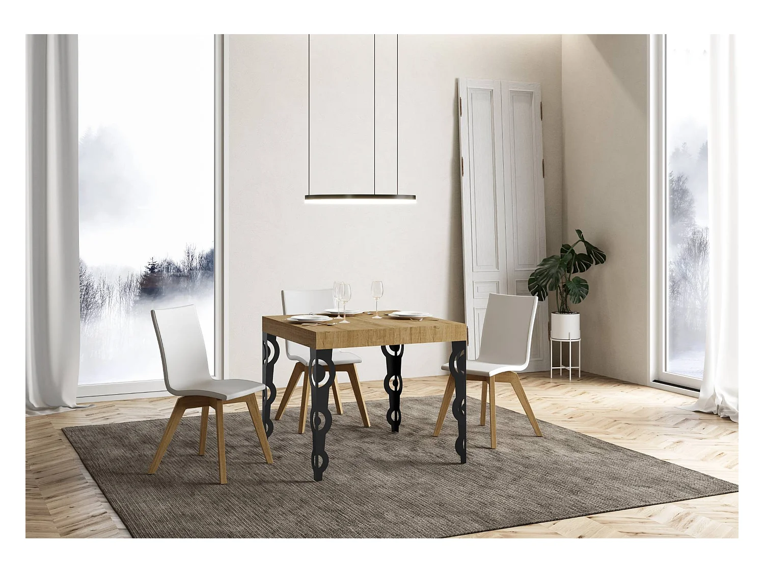 Mesa de jantar extensível 90x90/246 cm Karamay Carvalho Natural quadro Antracite
