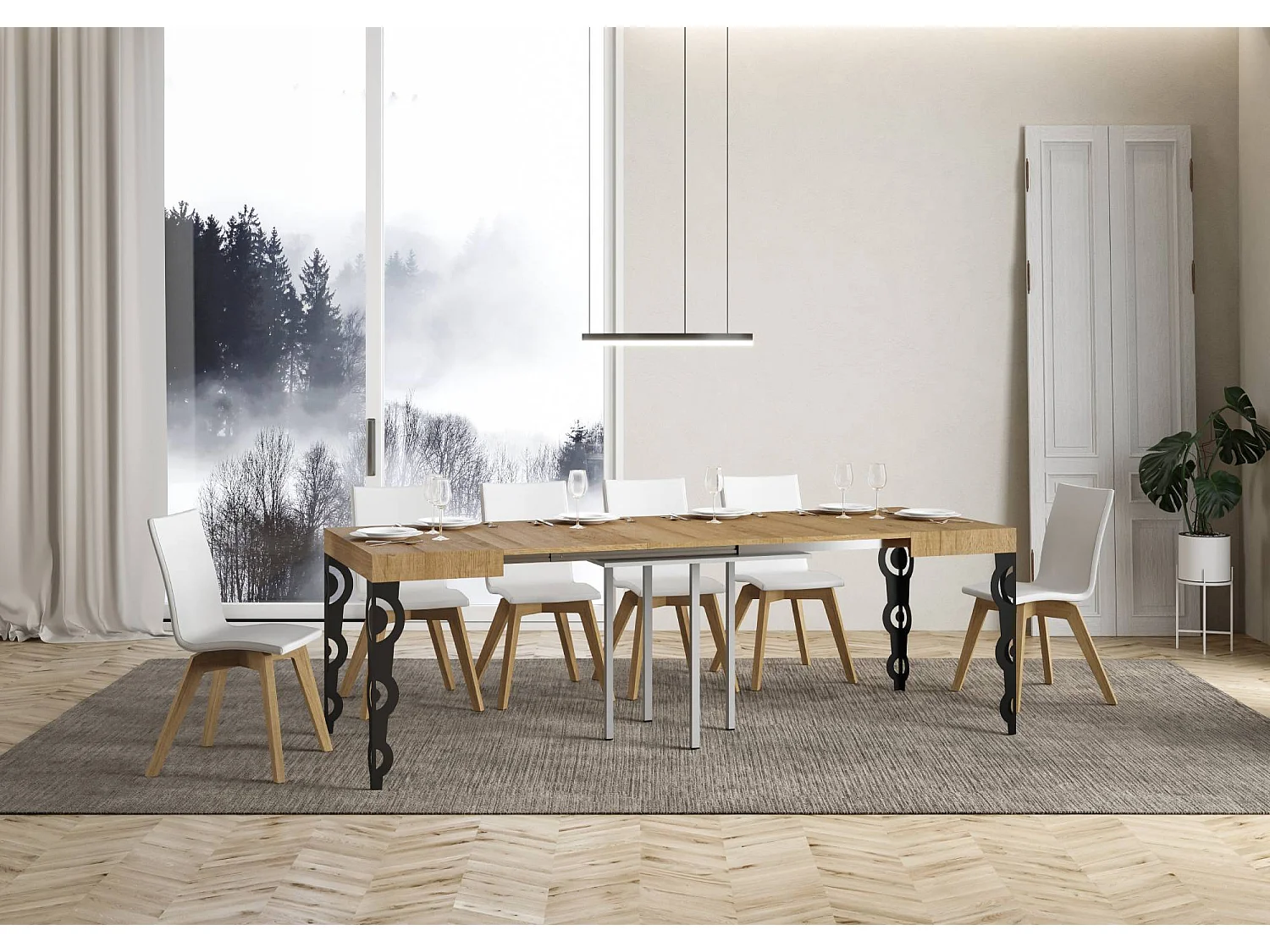 Table extensible 90/246x90 cm Karamay chêne nature pieds anthracite