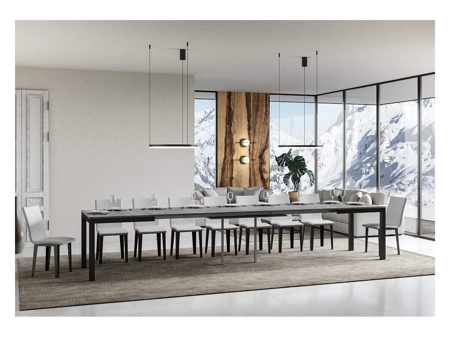 Mesa de comedor extensible Karry evolución-Color Gris cemento-Soporte 2 pies-Ancho extensible