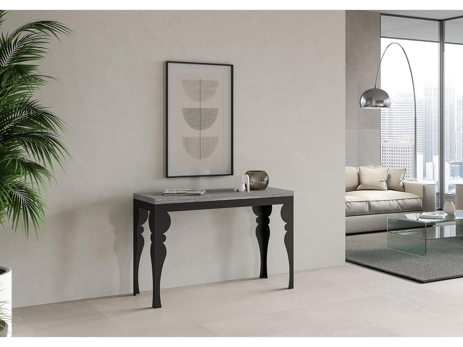Table extensible portefeuille 120/200x45/90 cm Paxon Double gris béton cadre anthracite
