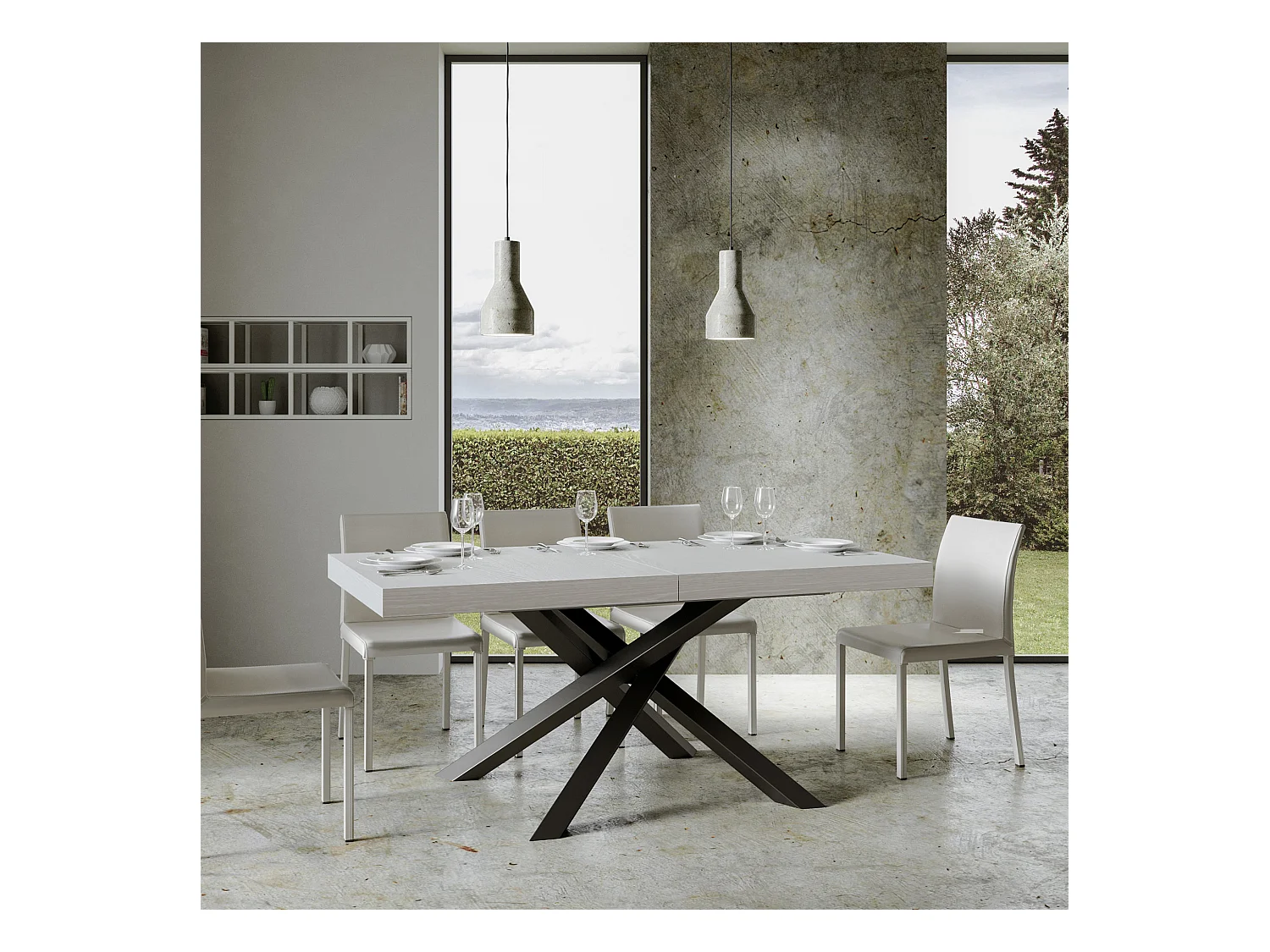 Table extensible 90x180/440 cm Volantis Frêne Blanc cadre Anthracite