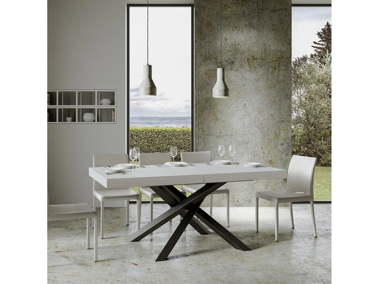 Table extensible 180/440x90 cm Volantis frêne blanc pieds anthracite