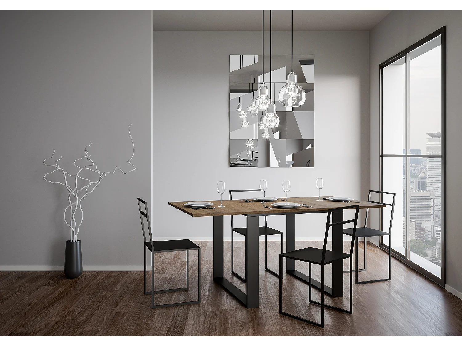 Ausziehtisch 90x90/180 cm Tecno Libra Nussbaum mit Eisenrahmen aus Anthrazit