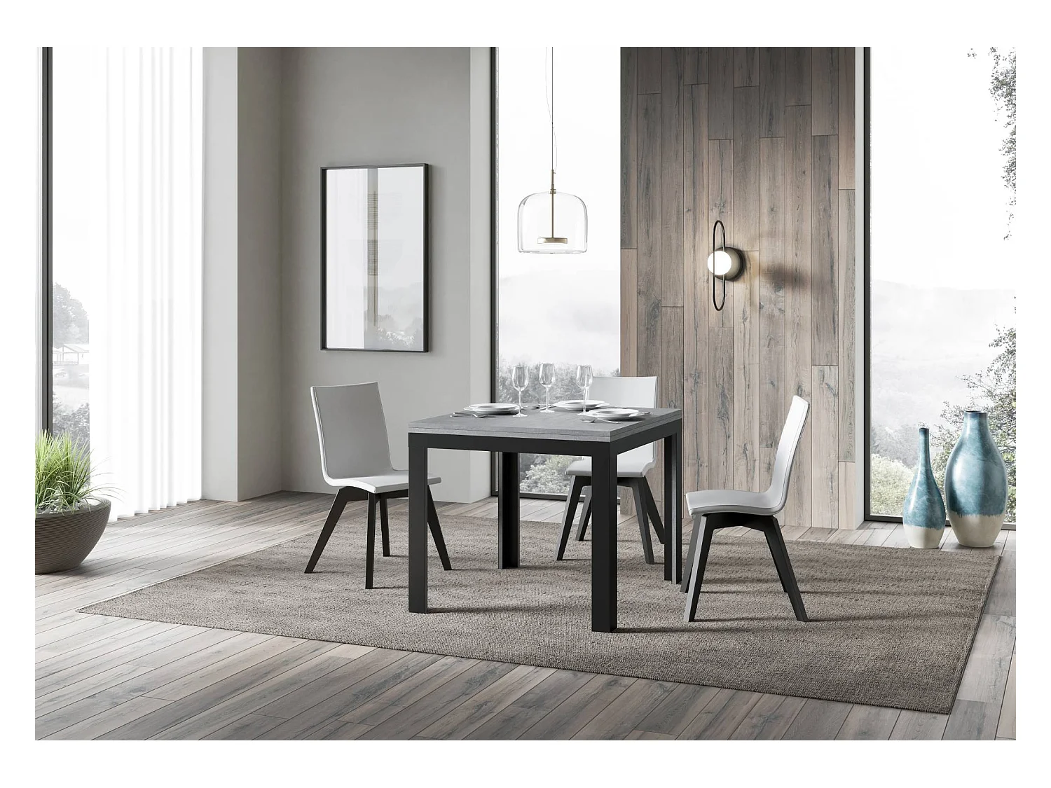 Table extensible portefeuille 90x90/180 cm Linea Libra Gris Béton cadre Anthracite
