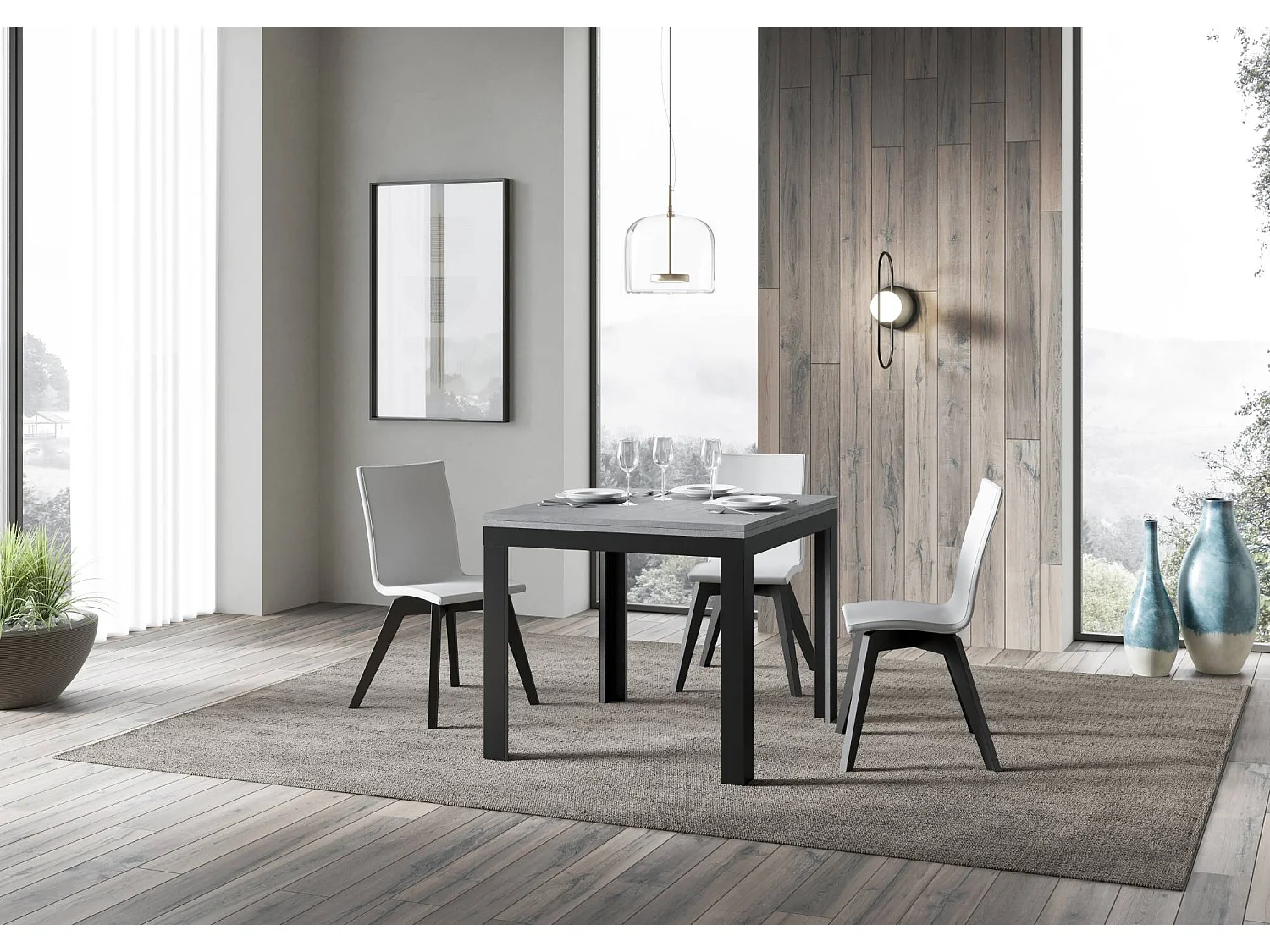 Table extensible portefeuille 90x90/180 cm Linea Libra Gris Béton cadre Anthracite