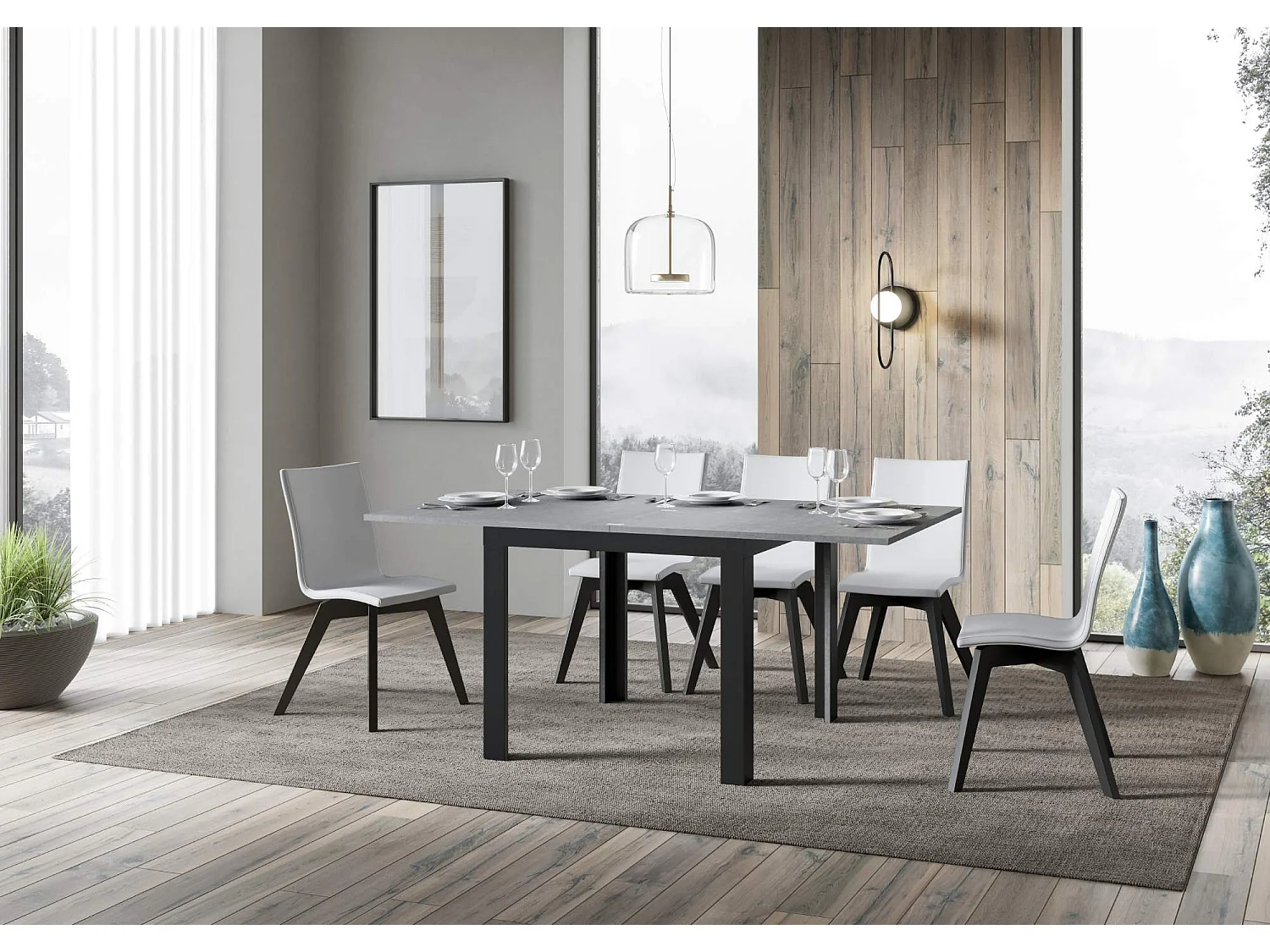 Table extensible portefeuille 90x90/180 cm Linea Libra Gris Béton cadre Anthracite