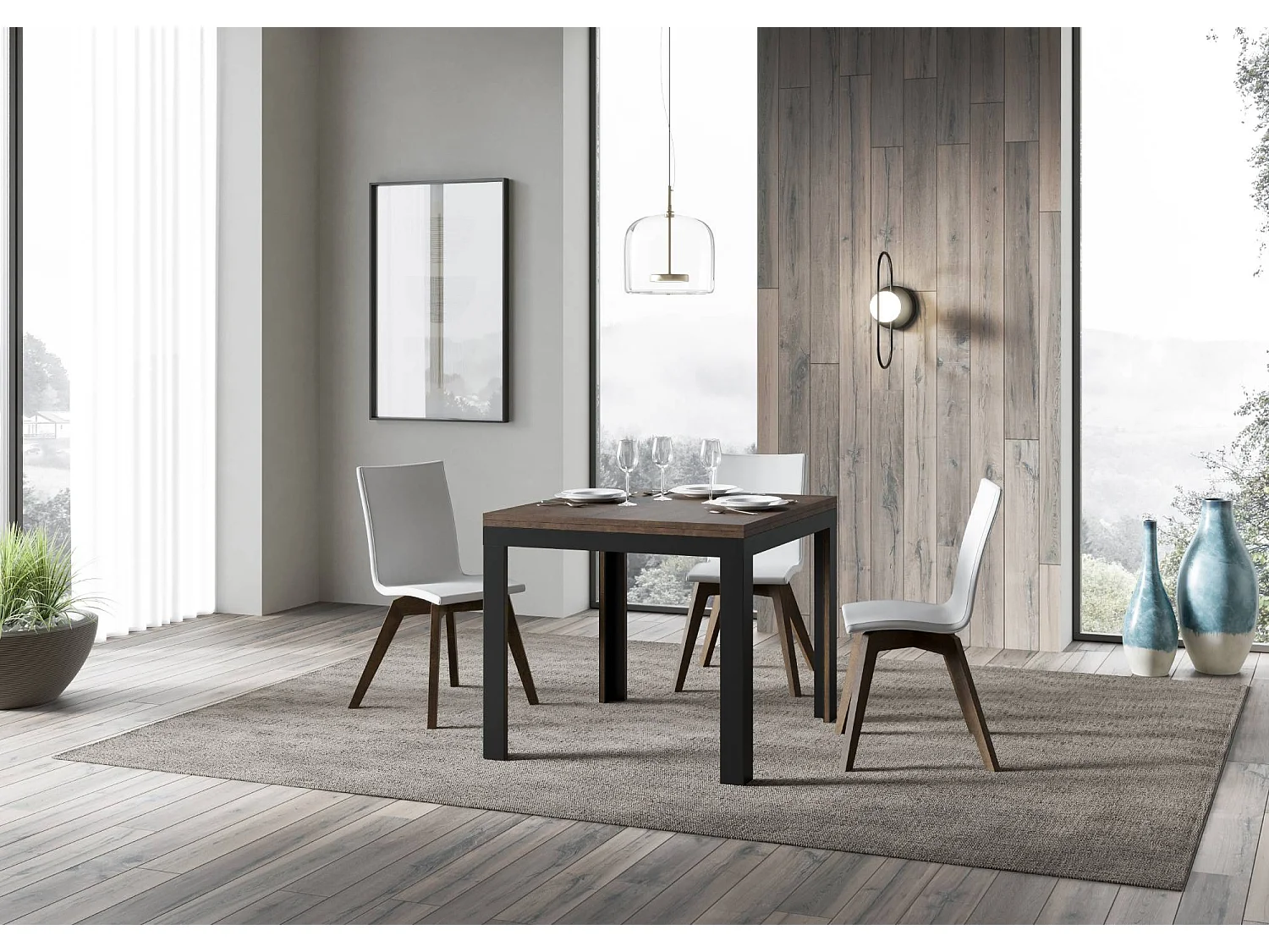 Table extensible portefeuille 90x90/180 cm Linea Libra Noyer cadre Anthracite