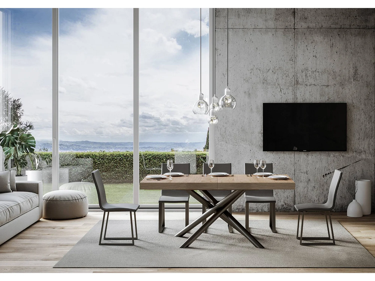 Mesa de jantar extensível 90x160/264 cm Famas Carvalho Natural quadro Antracite