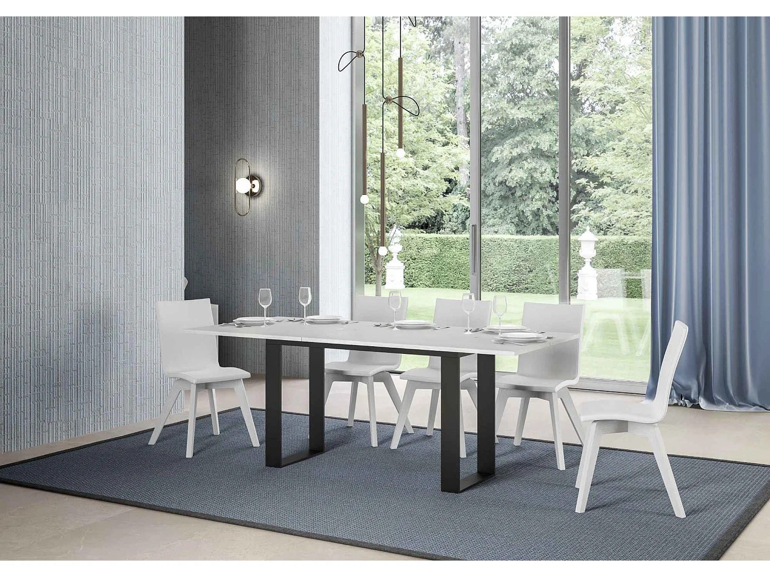 Ausziehtisch 120/200x45/90 cm Tecno Double Esche weiß mit Eisenrahmen aus Anthrazit