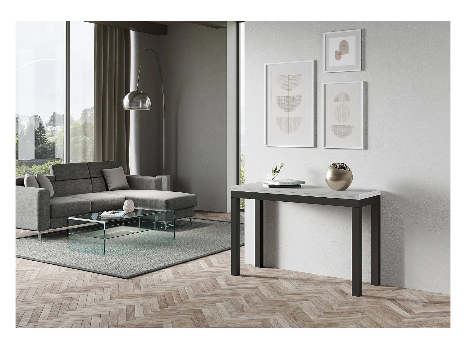 Table extensible portefeuille 120x45/90 cm Everyday Double Frêne Blanc cadre Anthracite