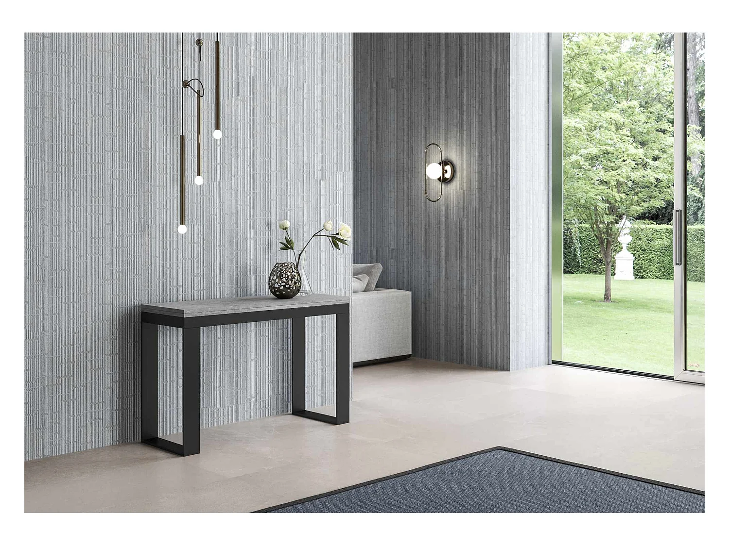 Table extensible portefeuille 120/200x45/90 cm Tecno Double Gris Béton cadre Anthracite