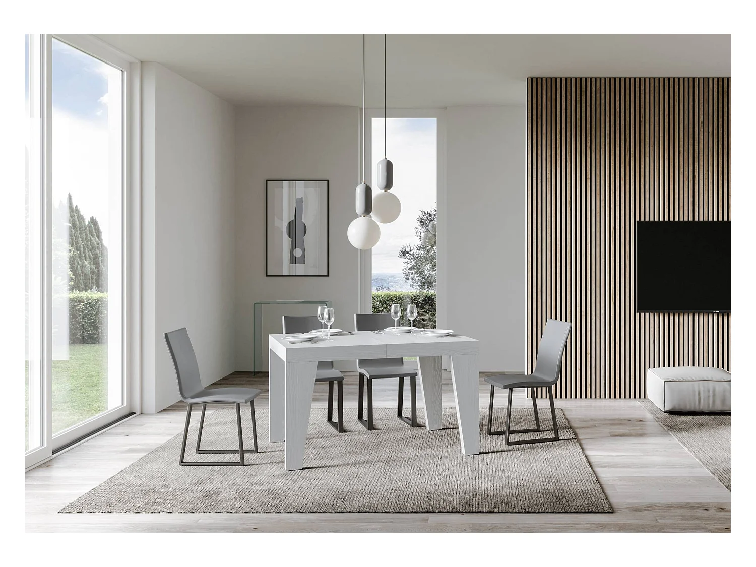 Mesa de comedor extensible de madera Naxo.-Color Blanco-Soporte 2 pies-5 alargaderas finas-Ancho extensible