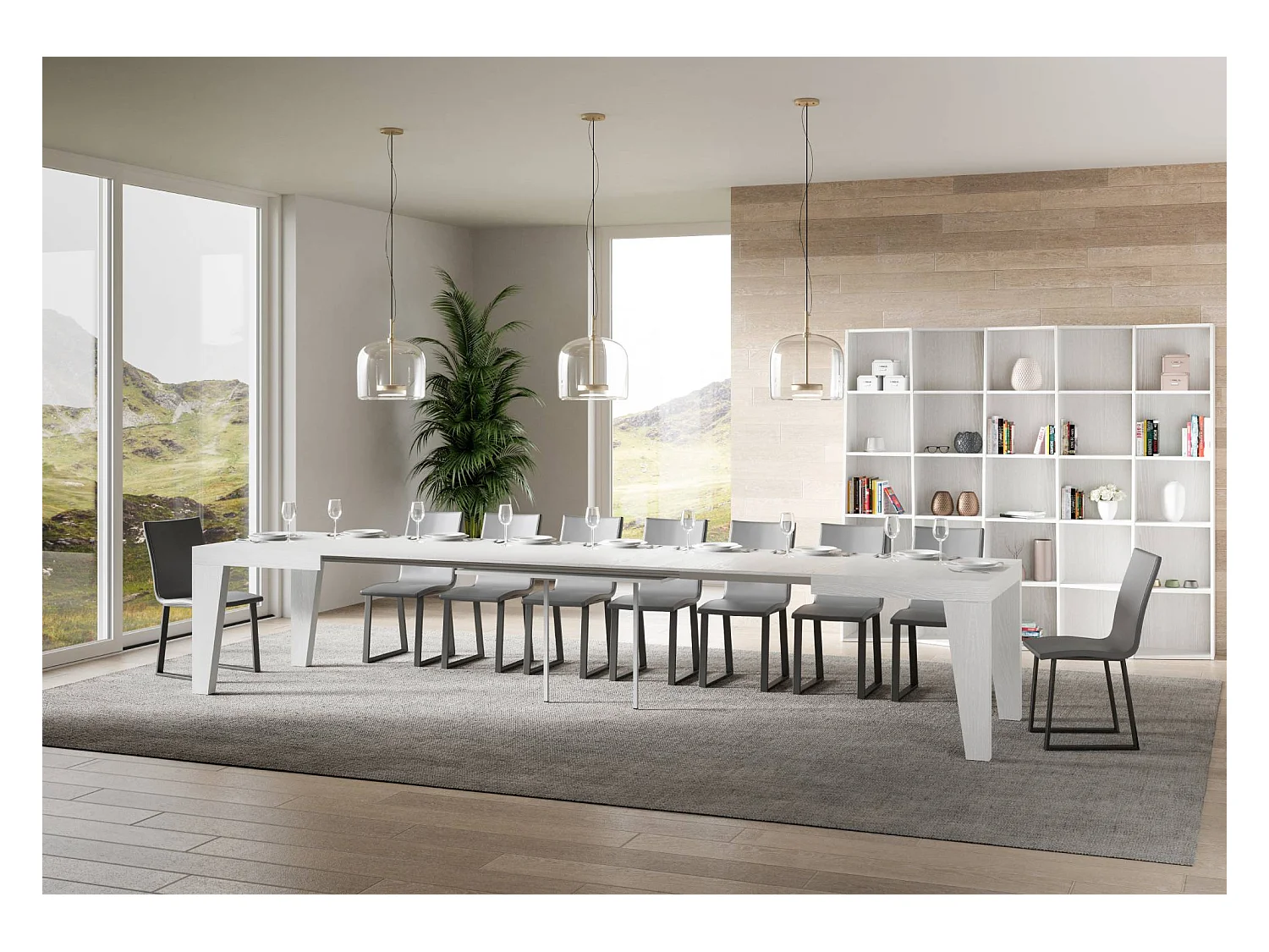 Mesa de comedor extensible de madera Naxo.-Color Blanco-Soporte 2 pies-5 alargaderas finas-Ancho extensible